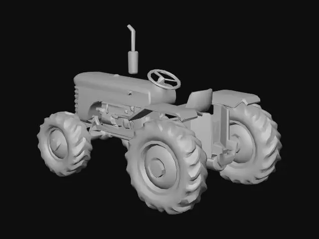 3D model for Erstelle ein 3D-Modell eines stilisierten, glatten Farm-Traktors. Der Stil soll extrem vereinfacht, abgerundet ('chunky') und niedlich sein, kein scharfkantiges realistisches Low Poly. Der Traktor ist hauptsächlich leuchtend rot, mit einem vereinfachten grauen Motorblock, silbernem Kühlergrill und sehr großen, glatten, klobigen schwarzen Reifen mit einfachen grauen Felgen. Keine komplexen oder gemalten Texturen, keine Verläufe; verwende ausschließlich saubere, flache Farben. Das Design soll freundlich und toy-like wirken, optimiert für ein Casual-Mobile-Game mit hoher Lesbarkeit auf kleinen Bildschirmen. Einzelnes, sauberes Mesh ohne interne Geometrie, bereit für Game Development.