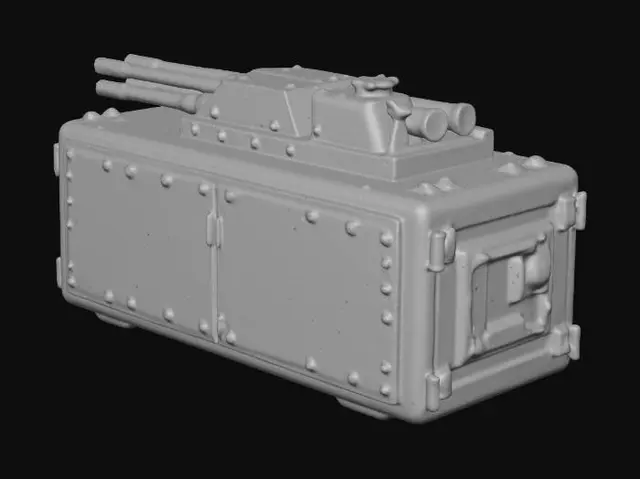 3D model for two aircraft cannons integrated inside box, size of box x:y:z=100:100:40, one aircraft cannon on one side and second on opposite side, both oriented in one horizontal direction, unreal engine 4