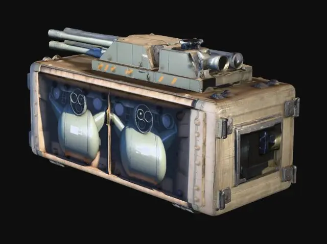 3D model for two aircraft cannons integrated inside box, size of box x:y:z=100:100:40, one aircraft cannon on one side and second on opposite side, both oriented in one horizontal direction, unreal engine 4