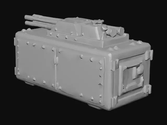 3D model for two aircraft cannons integrated inside box, size of box x:y:z=100:100:40, one aircraft cannon on one side and second on opposite side, both oriented in one horizontal direction, unreal engine 4