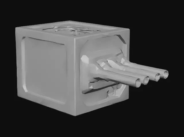 3D model for two aircraft cannons integrated inside box, size of box x:y:z=100:100:40, one aircraft cannon on one side and second on opposite side, both oriented in one horizontal direction, unreal engine 4