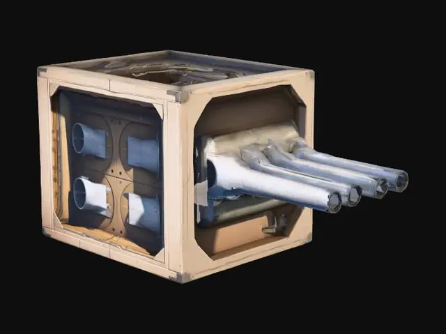 3D model for two aircraft cannons integrated inside box, size of box x:y:z=100:100:40, one aircraft cannon on one side and second on opposite side, both oriented in one horizontal direction, unreal engine 4