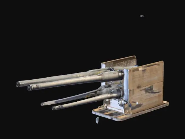 3D model for two aircraft cannons integrated inside box, one aircraft cannon on one side and second on opposite side, size of box x:y:z=100:100:40, both oriented in one horizontal direction, unreal engine 4