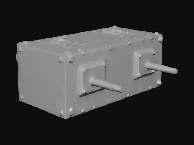 3D model for two aircraft cannons integrated inside box, one aircraft cannon on one side and second on opposite side, size of box x:y:z=100:100:40, both oriented in one horizontal direction, unreal engine 4