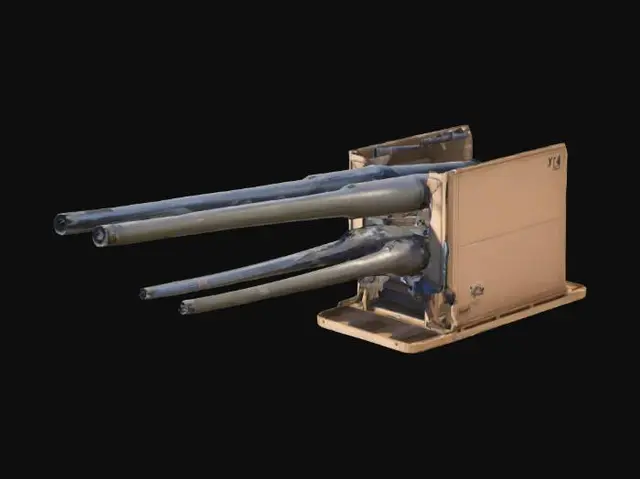 3D model for two aircraft cannons integrated inside box, one aircraft cannon on one side and second on opposite side, size of box x:y:z=100:100:40, both oriented in one horizontal direction, unreal engine 4