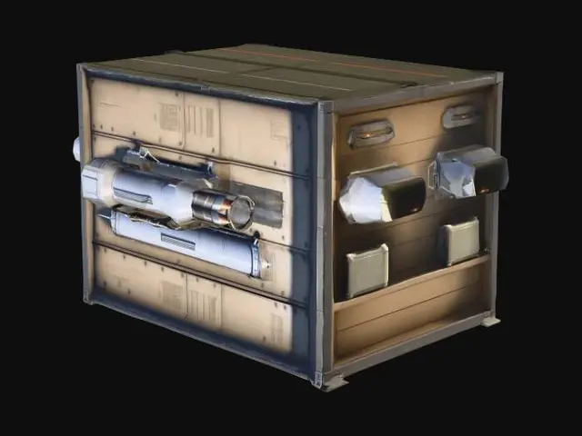 3D model for two aircraft rocket launchers without rockets in it integrated inside box, one on one side and second on opposite side, both oriented in one horizontal direction, size of box x:y:z=100:100:40, unreal engine 4