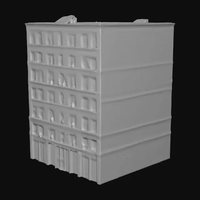 3D model for modern bricks building, height of 5 stages, only external walls with windows and base floor and roof, without any insides; with roof filled with objects; Unreal Engine 4