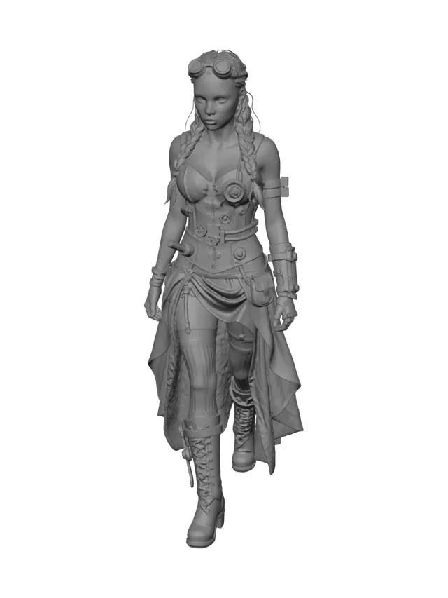 3D model for Steampunk woman, identical outfit and appearance — only make the calves and lower legs noticeably thinner and slimmer. Keep the slim thighs, small bottom, brown skin, long dark flowing black hair, white and gold long dress with side slits, overknee high heels,  white background, studio lighting, full body front view, elegant pose.