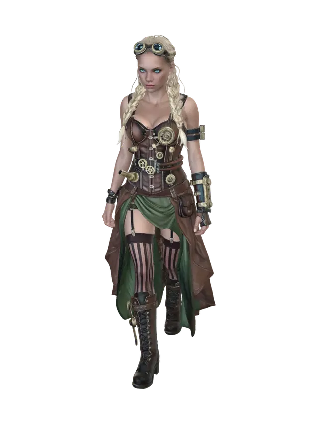 3D model for Steampunk woman, identical outfit and appearance — only make the calves and lower legs noticeably thinner and slimmer. Keep the slim thighs, small bottom, brown skin, long dark flowing black hair, white and gold long dress with side slits, overknee high heels,  white background, studio lighting, full body front view, elegant pose.