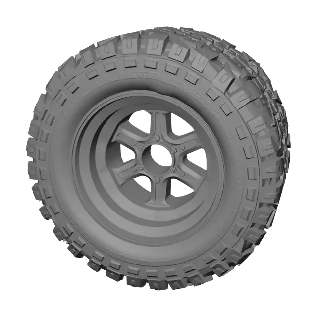 3D model for A highly detailed, realistic off-road terrain tire with an aggressive deep tread pattern and a heavy-duty rim. 3D wheel model for a heavy tactical van, isolated object, perfect circular geometry, clean topology, symmetry, untextured clay render, sharp edges, no colors