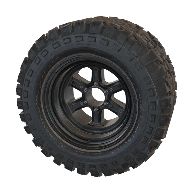 3D model for A highly detailed, realistic off-road terrain tire with an aggressive deep tread pattern and a heavy-duty rim. 3D wheel model for a heavy tactical van, isolated object, perfect circular geometry, clean topology, symmetry, untextured clay render, sharp edges, no colors