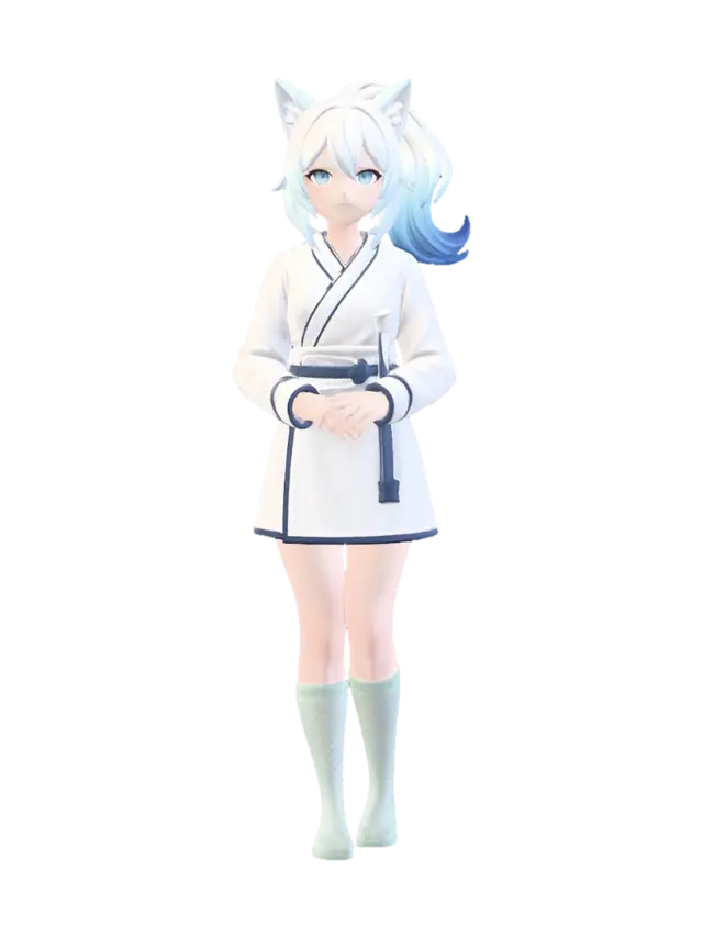 Blue-Eyed Catgirl in White Kimono - Facialexpression 3D model, vytvořený pomocí AI
