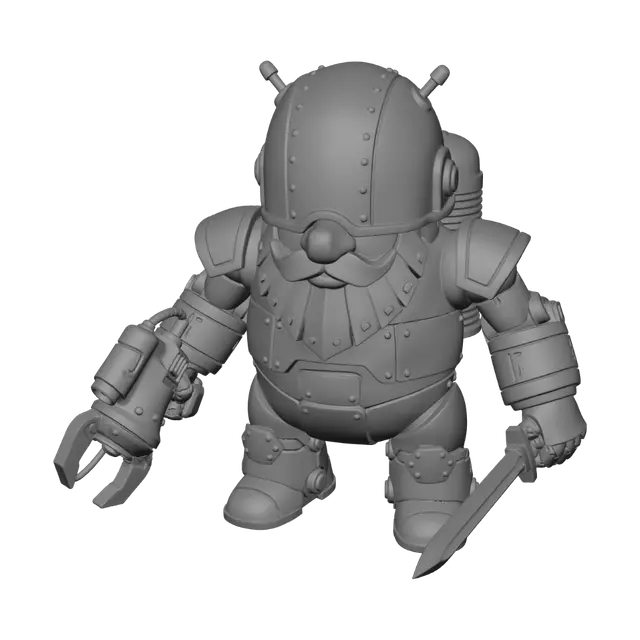 3D model for a big blue gnome mecha with a claw gun on one arm and a hand holding a sord on the other