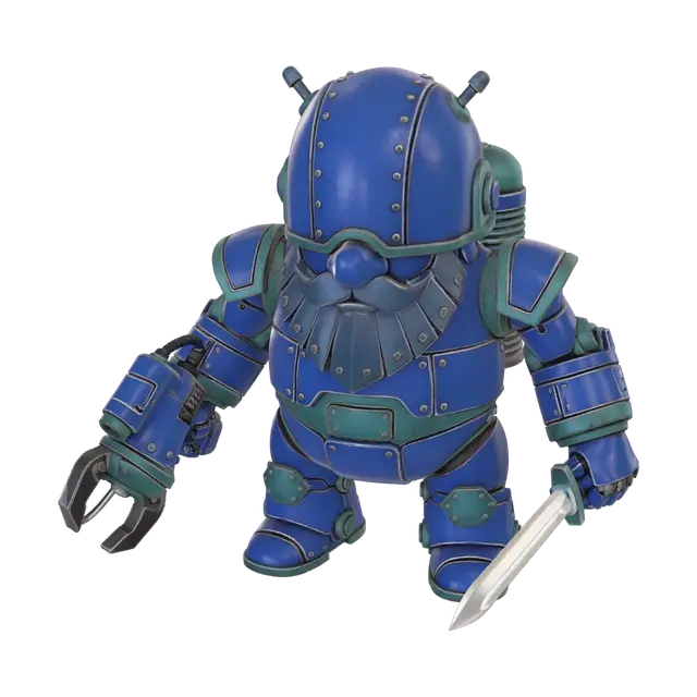 3D model for a big blue gnome mecha with a claw gun on one arm and a hand holding a sord on the other