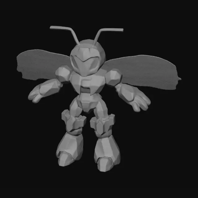 3D model for Roblox avatar style, true R15 blocky proportions, cubic limbs and torso, simple flat colors, plastic-like material, clean sharp edges, game-ready Roblox avatar, insect humanoid Chimera Ant inspired, green and black organic armor, gold accents, insect antennae, glowing eyes, translucent wings simplified for Roblox, full body, T-pose, neutral studio background, official Roblox aesthetic, no realistic textures, no human-like skin, low poly game-ready style