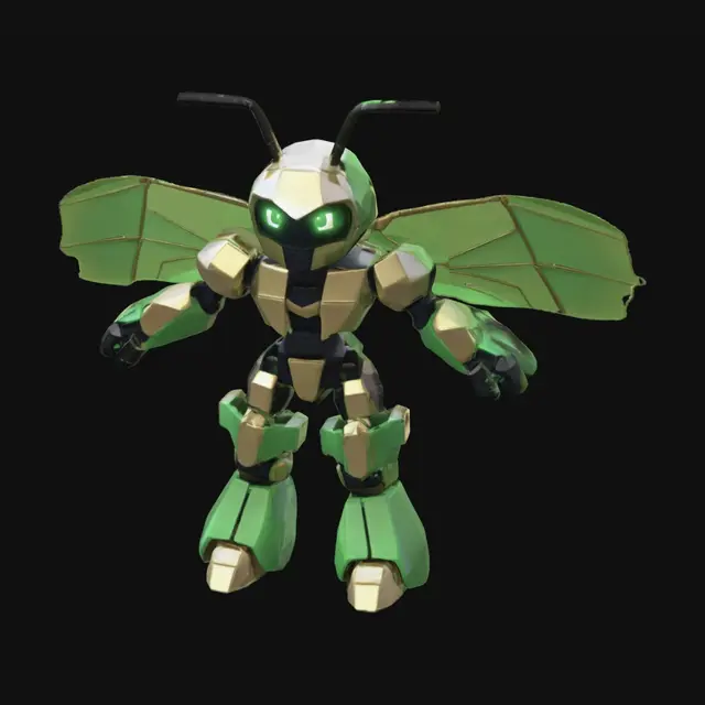 3D model for Roblox avatar style, true R15 blocky proportions, cubic limbs and torso, simple flat colors, plastic-like material, clean sharp edges, game-ready Roblox avatar, insect humanoid Chimera Ant inspired, green and black organic armor, gold accents, insect antennae, glowing eyes, translucent wings simplified for Roblox, full body, T-pose, neutral studio background, official Roblox aesthetic, no realistic textures, no human-like skin, low poly game-ready style