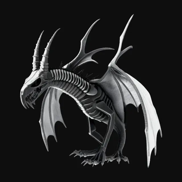 3D model for A dark horror dragon creature, game ready mid poly 3D model.
Long neck, large skull head, sharp horns, bat wings, gothic fantasy style.
Inspired by ink horror illustration, high contrast, menacing, skeletal details, no cartoon.
Clean topology, separate parts for head, jaw, wings and horns.
Neutral pose, symmetrical, no background, UV unwrapped, designed for video game engine.