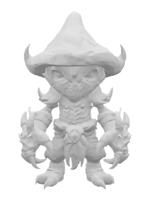 3D model for Stylized cartoon shadow mushroom boss, humanoid made of dark twisted bark and shadowy fungi, head shaped like a cracked mushroom cap with eerie purple glowing cracks, mist and wisps of dark smoke swirling around, two glowing violet eyes with slit pupils, mouth is a jagged shadowy rift emitting faint purple light, arms ending in sharp shadow claws, back covered in shadowy spines flickering with dark energy, shoulders armored with cracked dark stone plates, small glowing parasitic mushroom on one shoulder emitting soft purple glow, legs covered in shadow-scaled plates leaving dark smoky footprints, color palette of deep purples, black, dark gray, with soft shading and flat colors, towering and mysterious but cartoonish, fits charming fantasy world

