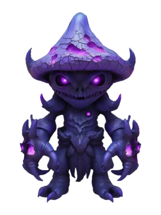 3D model for Stylized cartoon shadow mushroom boss, humanoid made of dark twisted bark and shadowy fungi, head shaped like a cracked mushroom cap with eerie purple glowing cracks, mist and wisps of dark smoke swirling around, two glowing violet eyes with slit pupils, mouth is a jagged shadowy rift emitting faint purple light, arms ending in sharp shadow claws, back covered in shadowy spines flickering with dark energy, shoulders armored with cracked dark stone plates, small glowing parasitic mushroom on one shoulder emitting soft purple glow, legs covered in shadow-scaled plates leaving dark smoky footprints, color palette of deep purples, black, dark gray, with soft shading and flat colors, towering and mysterious but cartoonish, fits charming fantasy world

