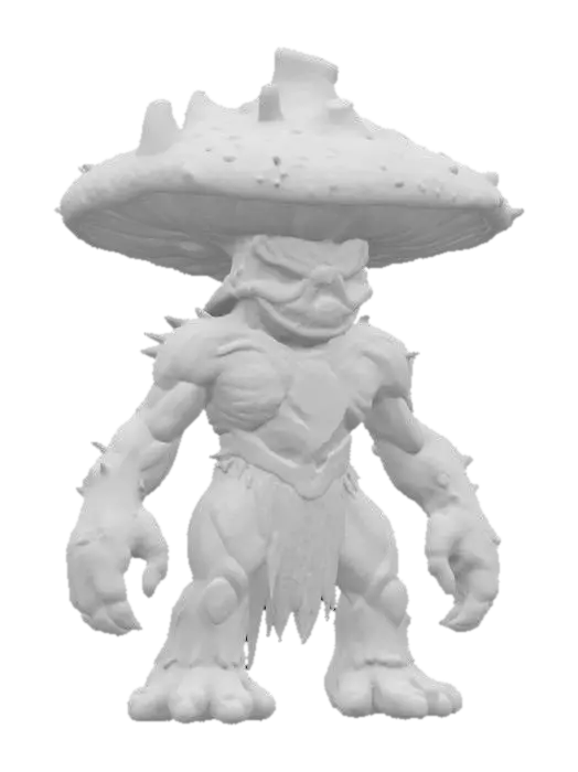 3D model for "A stylized cartoon boss monster: a giant humanoid fire mushroom elemental. Its body is made of charred wood with glowing lava cracks. A jagged mushroom cap shaped like a volcano sits atop, dripping lava. Ember particles rise from its body. Its glowing red eyes sit in a barky face, and the mouth is a glowing volcanic fissure. Arms end in obsidian claws, and basalt spikes protrude from its back. Molten armor covers shoulders, with a smaller parasitic mushroom on one side. Its steps leave scorched marks. The palette is black, lava red, ember orange, and ash yellow. Designed in T-pose or A-pose for rigging."