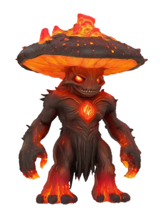 3D model for "A stylized cartoon boss monster: a giant humanoid fire mushroom elemental. Its body is made of charred wood with glowing lava cracks. A jagged mushroom cap shaped like a volcano sits atop, dripping lava. Ember particles rise from its body. Its glowing red eyes sit in a barky face, and the mouth is a glowing volcanic fissure. Arms end in obsidian claws, and basalt spikes protrude from its back. Molten armor covers shoulders, with a smaller parasitic mushroom on one side. Its steps leave scorched marks. The palette is black, lava red, ember orange, and ash yellow. Designed in T-pose or A-pose for rigging."