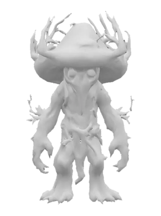 3D model for An ancient forest guardian boss creature in a stylized cartoon style. Its head is a massive, weathered mushroom cap covered in moss and cracks. The body is tall, humanoid, and made of bark, roots, and fungus, with large twisted branches growing from its shoulders and back like antlers. Glowing green patterns pulse faintly along its limbs. Its eyes glow a deep green, exuding timeless wisdom and sorrow. The creature looks extremely old, with its posture slow and heavy, as if carrying centuries of burden. Vines and lichen drape from its arms and legs like robes. It radiates an aura of ancient power and forest magic, suited as a wise but dangerous boss in a magical forest environment.
