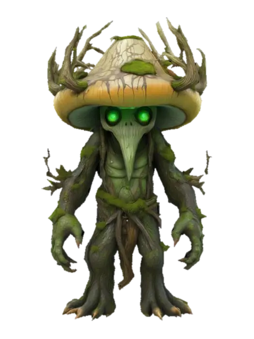 3D model for An ancient forest guardian boss creature in a stylized cartoon style. Its head is a massive, weathered mushroom cap covered in moss and cracks. The body is tall, humanoid, and made of bark, roots, and fungus, with large twisted branches growing from its shoulders and back like antlers. Glowing green patterns pulse faintly along its limbs. Its eyes glow a deep green, exuding timeless wisdom and sorrow. The creature looks extremely old, with its posture slow and heavy, as if carrying centuries of burden. Vines and lichen drape from its arms and legs like robes. It radiates an aura of ancient power and forest magic, suited as a wise but dangerous boss in a magical forest environment.
