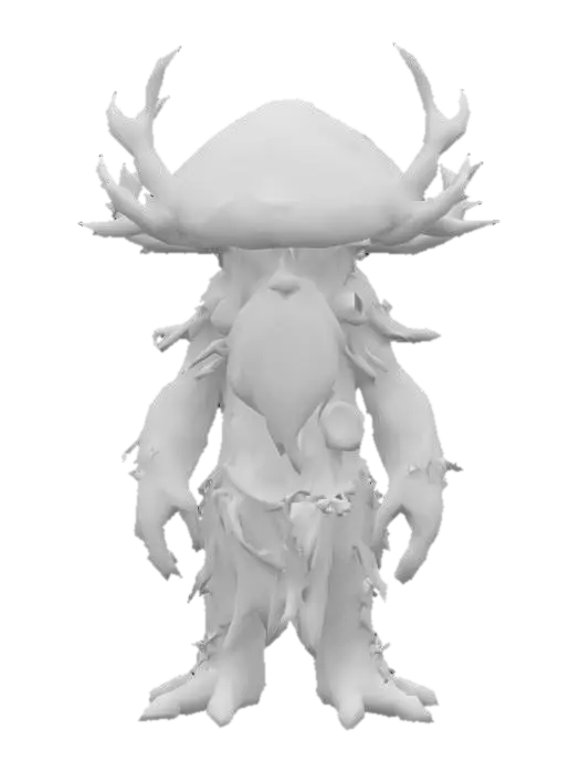 3D model for Aktualisierter Prompt (EN):
An ancient forest guardian boss creature in a stylized cartoon style. Its head is a massive, weathered mushroom cap covered in moss and cracks. The body is tall, humanoid, and made of bark, roots, and fungus, with large twisted branches growing from its shoulders and back like antlers. Glowing green patterns pulse faintly along its limbs.. A thick beard made of hanging moss and tangled twigs grows from its chin, swaying as it moves. The creature looks extremely old, with its posture slow and heavy, as if carrying centuries of burden. Vines and lichen drape from its arms and legs like robes. It radiates an aura of ancient power and forest magic, suited as a wise but dangerous boss in a magical forest environment. He doesnt has an ugly humanly face, he is wise