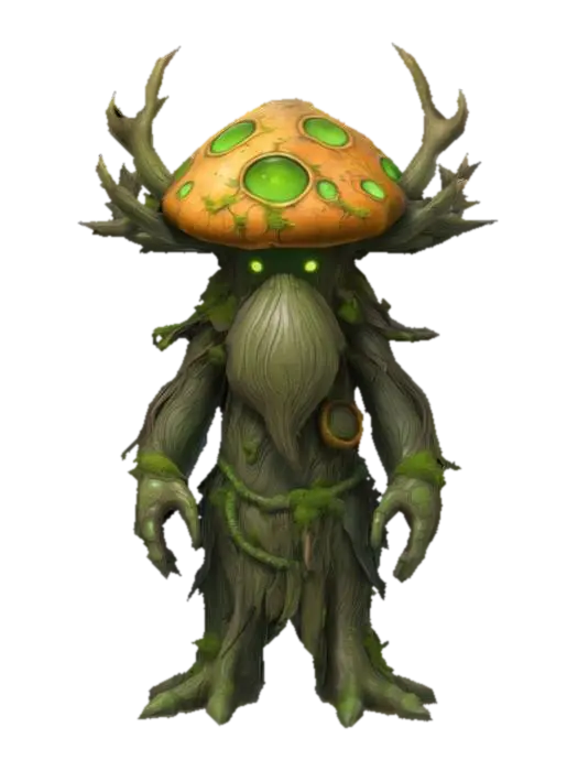 3D model for Aktualisierter Prompt (EN):
An ancient forest guardian boss creature in a stylized cartoon style. Its head is a massive, weathered mushroom cap covered in moss and cracks. The body is tall, humanoid, and made of bark, roots, and fungus, with large twisted branches growing from its shoulders and back like antlers. Glowing green patterns pulse faintly along its limbs.. A thick beard made of hanging moss and tangled twigs grows from its chin, swaying as it moves. The creature looks extremely old, with its posture slow and heavy, as if carrying centuries of burden. Vines and lichen drape from its arms and legs like robes. It radiates an aura of ancient power and forest magic, suited as a wise but dangerous boss in a magical forest environment. He doesnt has an ugly humanly face, he is wise