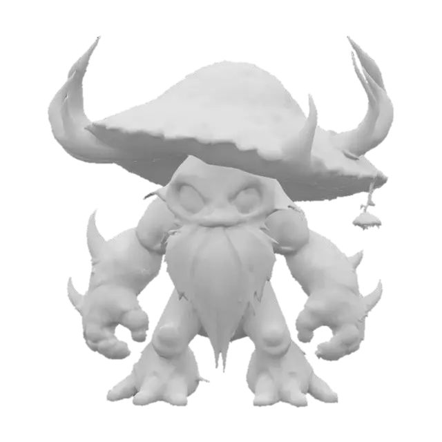 3D model for Stylized cartoon forest guardian boss creature, ancient and towering, with a massive cracked mushroom cap head shaped like a volcanic crater, molten lava glowing and dripping from edges, big glowing round eyes with slitted pupils, glowing green patterns pulsing softly along chunky bark and fungus limbs, oversized twisted branch antlers growing from shoulders and back, thick moss and vine beard swaying gently, soft flowing shapes and flat colors, slow heavy posture radiating ancient power, vines and lichen hanging like robes, cute but powerful, magical forest aura, 2D cartoon fantasy style, minimal detail, bright glowing eyes full of life and menace, game-ready boss design

