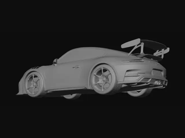 3D model for A high-fidelity, photorealistic 3D model of a Porsche 911 GT3 (992 generation). Shark Blue paint with a high-gloss finish. Massive rear wing, center-lock wheels in satin black, and yellow brake calipers. Carbon fiber roof and side mirrors. Highly detailed headlights with quad-LED signature. 8k textures, cinematic lighting, masterpiece.