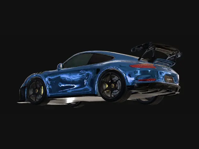 3D model for A high-fidelity, photorealistic 3D model of a Porsche 911 GT3 (992 generation). Shark Blue paint with a high-gloss finish. Massive rear wing, center-lock wheels in satin black, and yellow brake calipers. Carbon fiber roof and side mirrors. Highly detailed headlights with quad-LED signature. 8k textures, cinematic lighting, masterpiece.