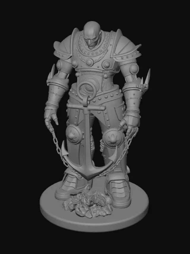 3D model for A towering faceless guardian construct, a hunched humanoid colossus built
from weathered bronze plates and dark anchor-stone, broad and heavy as if
holding something back. A large ship's anchor is fused into its chest,
thick iron anchor-chains wrap its arms, and glowing energy channels run
like veins across its surface. Smooth blank head, no face, no eyes.
Four heavy closed bronze rings protrude as lashing points: one at each
shoulder and one at each hip. Standing on a round rocky base. Stylized
realistic fantasy miniature, game sculpture, solid connected forms,
symmetrical, strong clean silhouette.