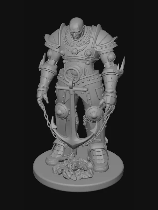3D model for A towering faceless guardian construct, a hunched humanoid colossus built
from weathered bronze plates and dark anchor-stone, broad and heavy as if
holding something back. A large ship's anchor is fused into its chest,
thick iron anchor-chains wrap its arms, and glowing energy channels run
like veins across its surface. Smooth blank head, no face, no eyes.
Four heavy closed bronze rings protrude as lashing points: one at each
shoulder and one at each hip. Standing on a round rocky base. Stylized
realistic fantasy miniature, game sculpture, solid connected forms,
symmetrical, strong clean silhouette.