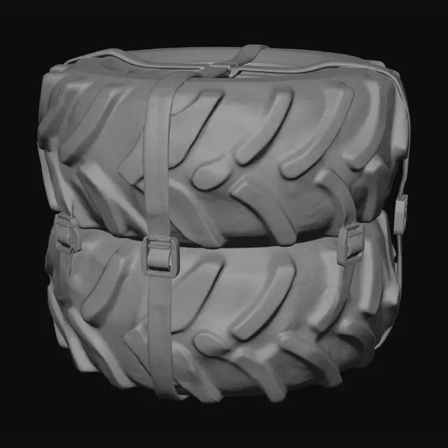 3D model for A stack of two large rubber tractor tires, worn industrial rubber,
chunky cylindrical silhouette, weathered matte black surface, bound
with heavy nylon straps, flat stable base, stylized game asset,
hand-painted texture feel, AAA low-poly optimized, clean readable
silhouette, saturated warm color palette, soft baked-in shading,
festive carnival athletic prop, painted steel finish,
Unreal Engine marketplace style