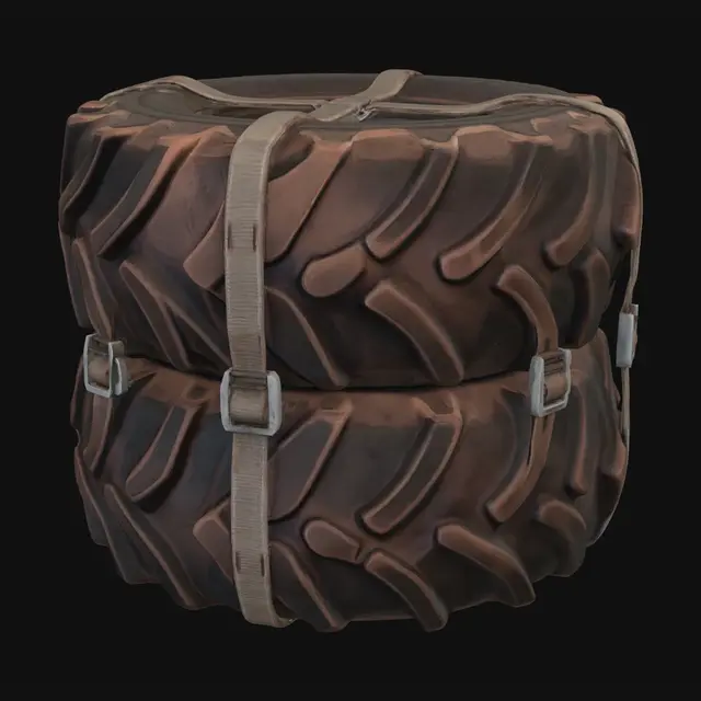 3D model for A stack of two large rubber tractor tires, worn industrial rubber,
chunky cylindrical silhouette, weathered matte black surface, bound
with heavy nylon straps, flat stable base, stylized game asset,
hand-painted texture feel, AAA low-poly optimized, clean readable
silhouette, saturated warm color palette, soft baked-in shading,
festive carnival athletic prop, painted steel finish,
Unreal Engine marketplace style