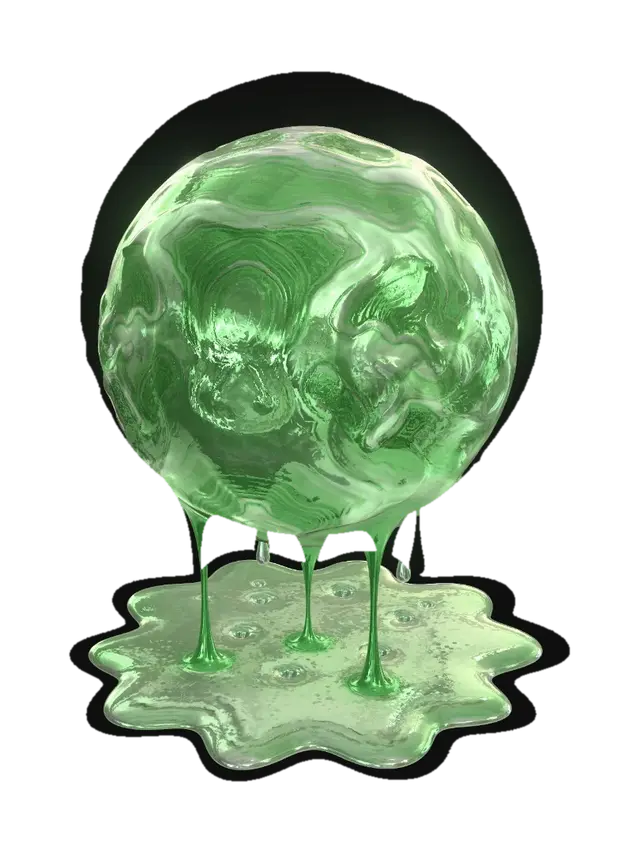 a ball of acid floating above the ground, the acid dripping down to the ground 3D model, vytvořený pomocí AI