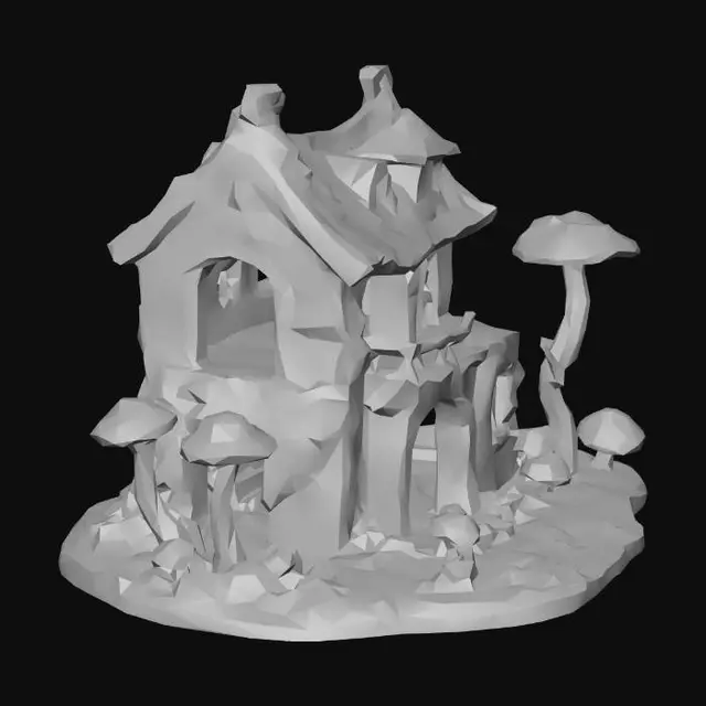 3D model for A house for fairies open doors and windows, 2 stories, have 2 towers connected by tunnels. mushrooms growing outside. flowers and vines decoration