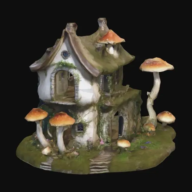 3D model for A house for fairies open doors and windows, 2 stories, have 2 towers connected by tunnels. mushrooms growing outside. flowers and vines decoration