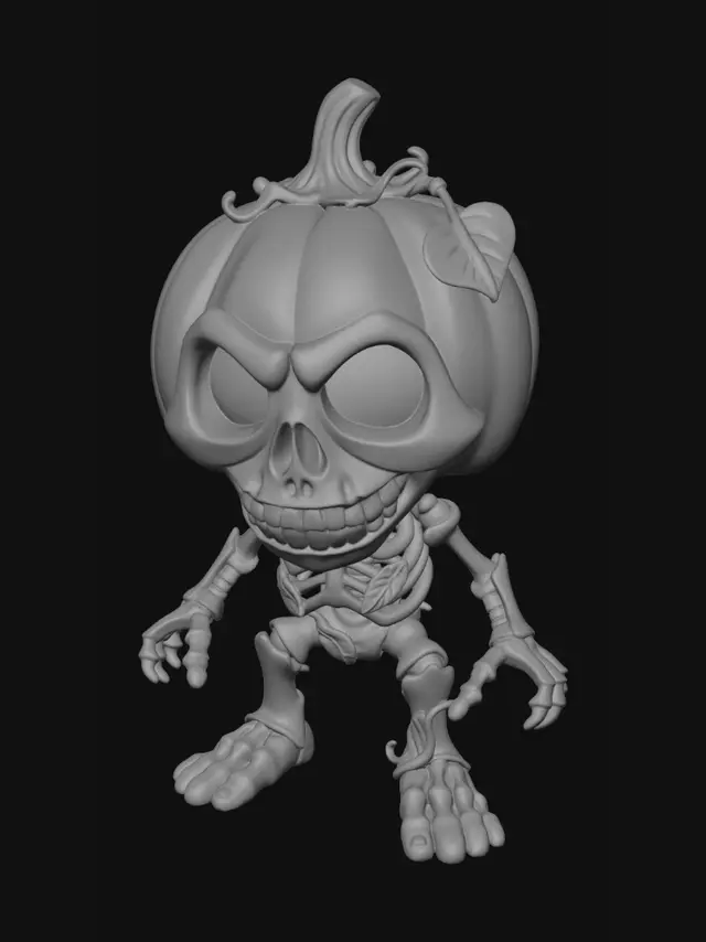 3D model for Q版万圣节南瓜骷髅3D打印手办模型,全身4个部位关节可动,脖字,膝盖,手肘,腰。适合3D打印