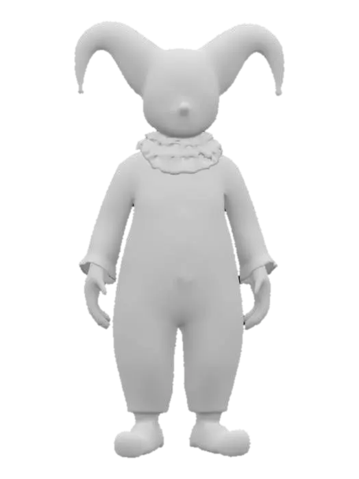 3D model for a humanoid HARLEQUINN figure with a large round head, thin mouth, oversized circular button-like eyes, and distressed clothing, featuring a weathered, textured surface with a vintage, eerie aesthetic., rough texture, a-pose, full body MIDGET