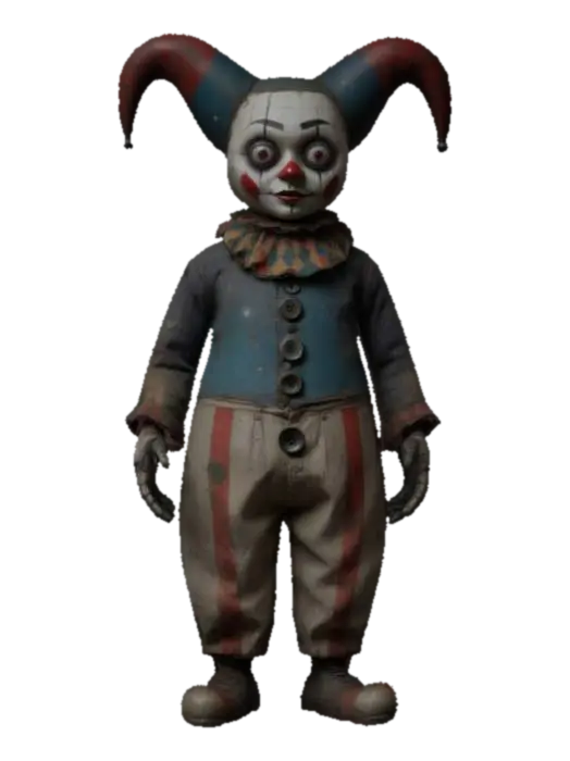 3D model for a humanoid HARLEQUINN figure with a large round head, thin mouth, oversized circular button-like eyes, and distressed clothing, featuring a weathered, textured surface with a vintage, eerie aesthetic., rough texture, a-pose, full body MIDGET