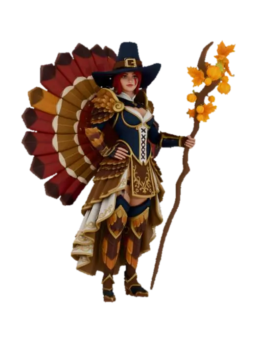 image of a Thanksgiving themed sexy female turkey warrior,dressed as a pilgrim,… 3D model, vytvořený pomocí AI