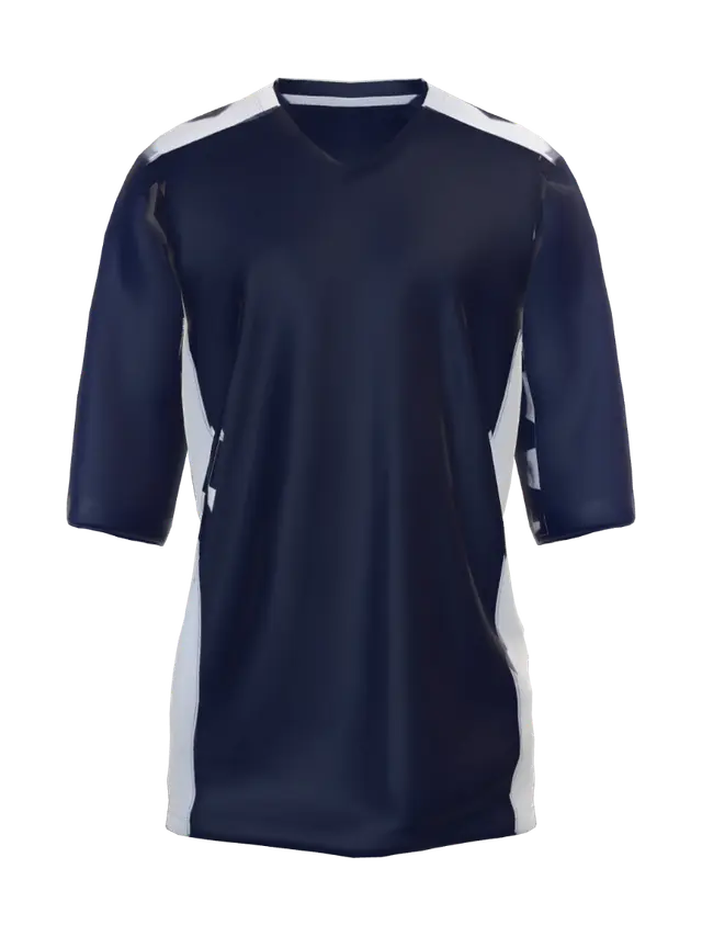 3D model for A high-quality, game-ready 3D model of a blank master lacrosse jersey. The jersey features a hafl sleeve, athletic cut with a V-neck collar. It has a clean, dual-color design with a solid navy blue base and sharp white panels along the sides and shoulders. No text, no numbers, and no logos. The texture is a breathable, moisture-wicking athletic mesh fabric with realistic, subtle wrinkles.
Symmetrical design, clean topology, optimized for Unreal Engine 5