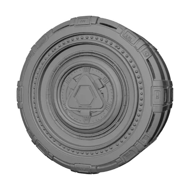 3D model for A futuristic circular energy core device, approximately 10 cm in diameter, 
with three concentric metallic rings rotating around a glowing 
triangular core. The core emits a soft blue-white light. Rings are 
brushed titanium with visible mechanical detailing — bolts, small 
vents and thin illuminated circuit lines. The centre triangle has a 
faint plasma-like glow with subtle particle effects. Studio lighting, 
dark background, hard sci-fi aesthetic, highly detailed, photorealistic 
render, 8k, product visualisation style.