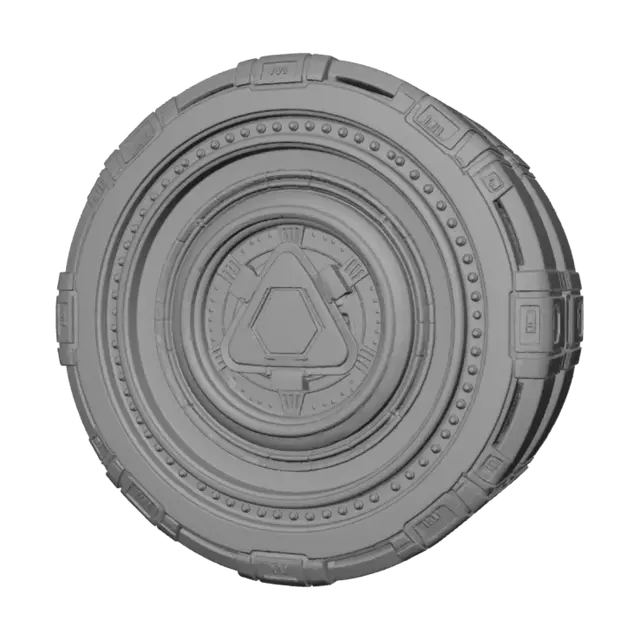 3D model for A futuristic circular energy core device, approximately 10 cm in diameter, 
with three concentric metallic rings rotating around a glowing 
triangular core. The core emits a soft blue-white light. Rings are 
brushed titanium with visible mechanical detailing — bolts, small 
vents and thin illuminated circuit lines. The centre triangle has a 
faint plasma-like glow with subtle particle effects. Studio lighting, 
dark background, hard sci-fi aesthetic, highly detailed, photorealistic 
render, 8k, product visualisation style.