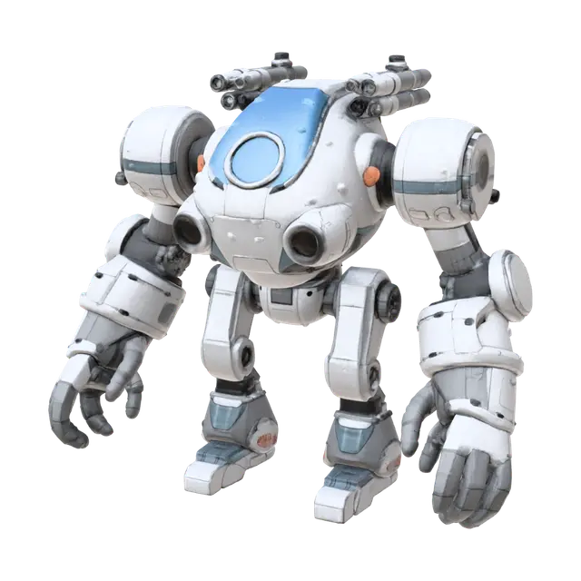 3D model for (masterpiece),A stylized illustration of a rugged, stubby mech equipped with missile pods. The design is bulky and utilitarian, featuring visible arms and legs, and includes a pilot cockpit. The overall style is reminiscent of a cartoon or illustrated aesthetic, with emphasis on the mechanical details.