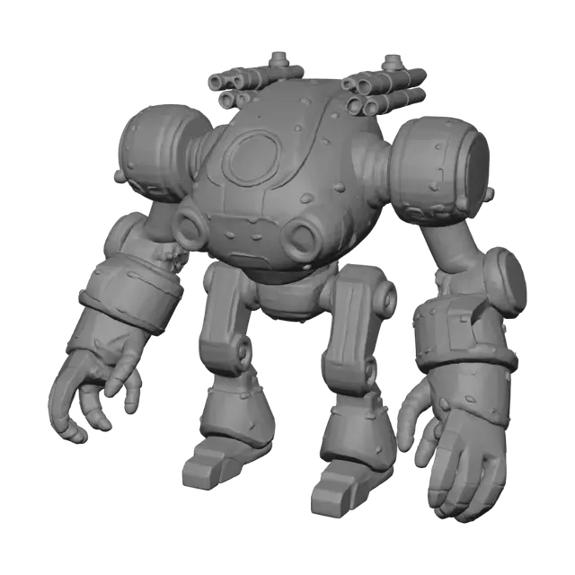 3D model for (masterpiece),A stylized illustration of a rugged, stubby mech equipped with missile pods. The design is bulky and utilitarian, featuring visible arms and legs, and includes a pilot cockpit. The overall style is reminiscent of a cartoon or illustrated aesthetic, with emphasis on the mechanical details.