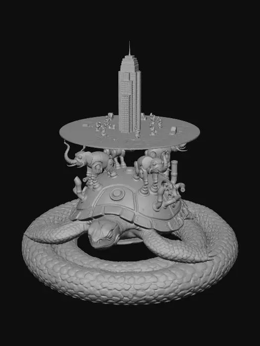 3D model for A grand miniature of a flat Earth held by four 1960s retro-futuristic robot elephants. They stand upon the shell of a massive steampunk mechanical turtle with brass gears and steam pipes. The turtle rests on a giant, ancient petrified stone snake coiled in a ring. On the flat Earth's surface, tiny gnomes are constructing an ethereal, weightless futuristic skyscraper made of glass and light. Contrast between the dusty stone of the ancient snake, the polished brass of the steampunk turtle, the teal-and-chrome aesthetic of the 60s robots, and the glowing, translucent architecture of the gnomes' tower. Whimsical atmosphere, surrealism, ultra-detailed 3D model, cinematic lighting, sharp focus on the vertical structure, masterpiece, high-poly textures, sci-fi meets fantasy.