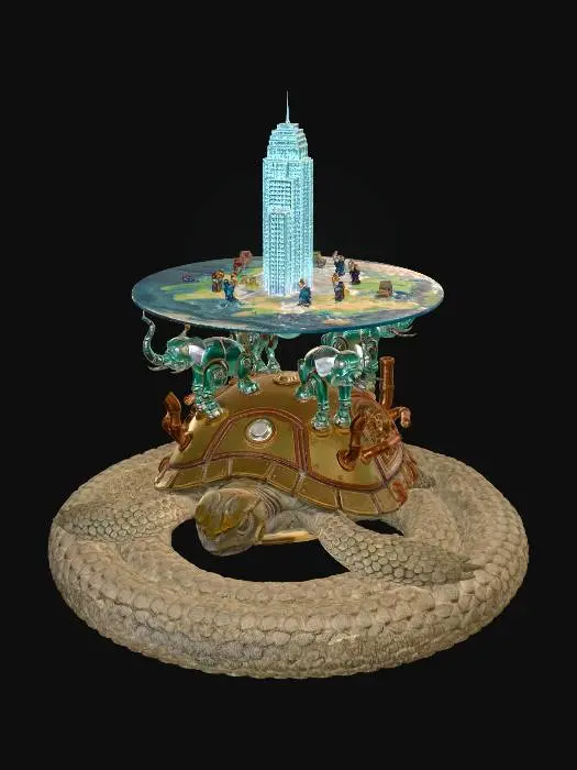 3D model for A grand miniature of a flat Earth held by four 1960s retro-futuristic robot elephants. They stand upon the shell of a massive steampunk mechanical turtle with brass gears and steam pipes. The turtle rests on a giant, ancient petrified stone snake coiled in a ring. On the flat Earth's surface, tiny gnomes are constructing an ethereal, weightless futuristic skyscraper made of glass and light. Contrast between the dusty stone of the ancient snake, the polished brass of the steampunk turtle, the teal-and-chrome aesthetic of the 60s robots, and the glowing, translucent architecture of the gnomes' tower. Whimsical atmosphere, surrealism, ultra-detailed 3D model, cinematic lighting, sharp focus on the vertical structure, masterpiece, high-poly textures, sci-fi meets fantasy.